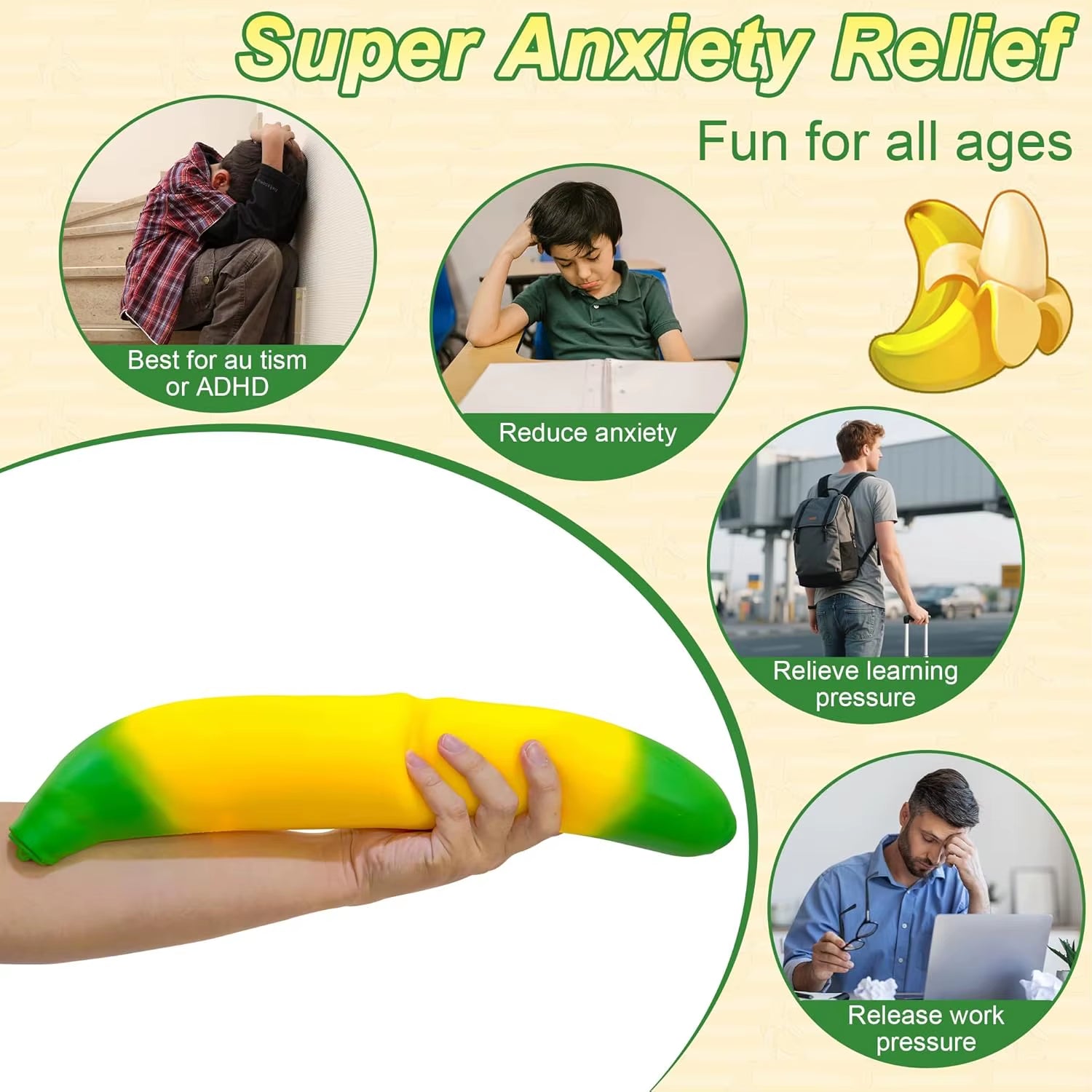 Banana Squishy Giant Large Slow Rising Banana Fidget Toys Soft Stress Relief Anxiety Sensory Toys for Adults Teens Kids Autism